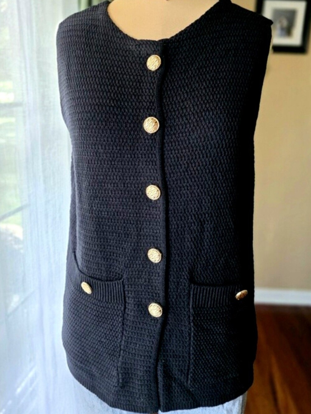 Black Gold Button Knit Sweater Vest Preppy Old Money Cardigan PrettyGarden Small